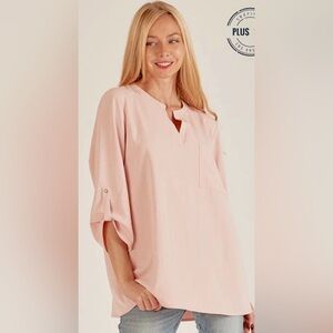 Plus Size Front Pocket Loose Fit Blouse Elegant Pink Women's Top New